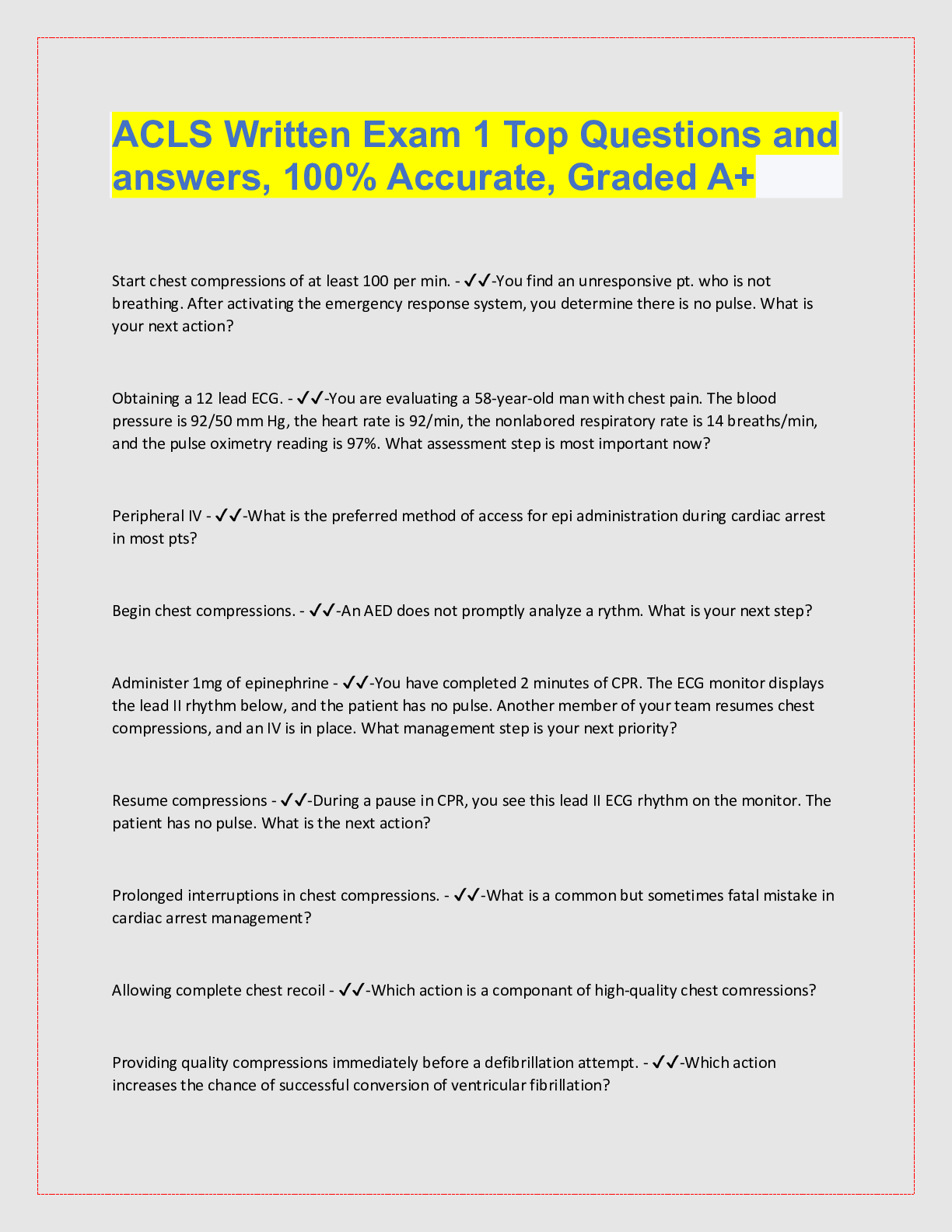 Preview image for ACLS Written Exam 1 Top Questions and  answers, 100% Accurate, Graded A+